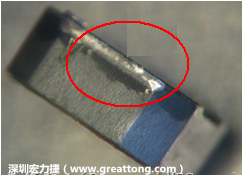 使用錫(Sn)鍍層的電源電感器(Power Inductors)，經過推力測試后，其焊點還保留在零件的端點上，所以推力比較高。