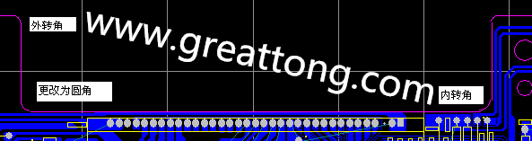 PCB設計時單面板的轉角都需為圓角，R1.0mm或R2.0mm為宜。