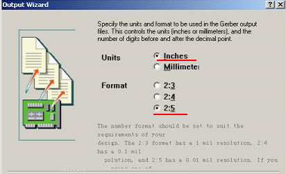 在上圖中選擇“Inches 2：5”，以確保資料精度，反之線寬、線距或孔有偏移現象